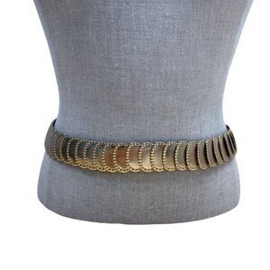 Vintage Gold-Tone Elastic Stretch Waist Belt With Embossed Oval Panels